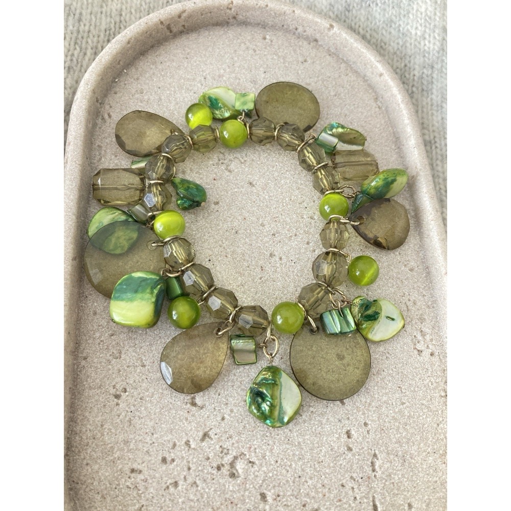 Artisan Bracelet Lime Green Shell Glass Beaded Stretch Statement Artsy Whimsical